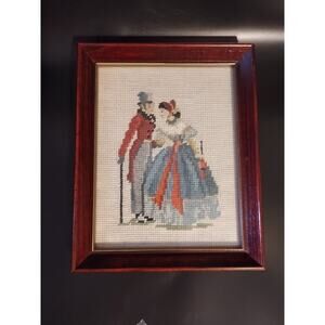 Courting Couple Needlepoint Wood Framed Picture 8 X 10 Vintage 1979 Victorian